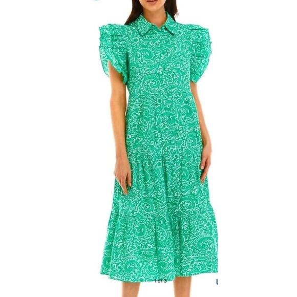 crown & ivy Dresses & Skirts - Crown & Ivy Green White Grand Millennial Ruffle Tiered Midi Dress Women's XL